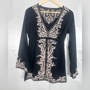 Lucky Brand Black and Cream Embroidered Tunic